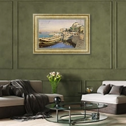 «Набережная Невы возле Адмиралтейства, Санкт-Петербург» в интерьере гостиной в оливковых тонах