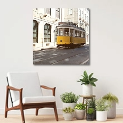 «Португалия, Лиссабон. Желтый трамвай №5» в интерьере современной комнаты над креслом