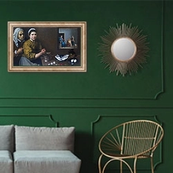 «Христос в доме Марты и Марии» в интерьере классической гостиной с зеленой стеной над диваном