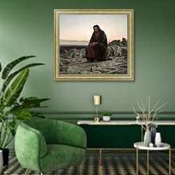 «Христос в пустыне» в интерьере гостиной в зеленых тонах