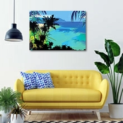 «Тропические пальмы на фоне океана» в интерьере современной гостиной с желтым диваном