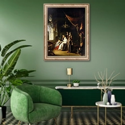 «The Dropsical Woman, c.1663» в интерьере гостиной в зеленых тонах