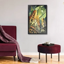 «City in Shards of Light» в интерьере классической гостиной с зеленой стеной над диваном