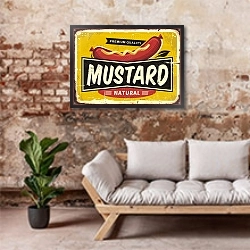«Горчичный рекламный ретро плакат» в интерьере гостиной в стиле лофт над диваном
