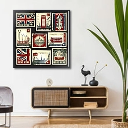 «Марки с достопримечательностями Лондона» в интерьере комнаты в стиле ретро над тумбой