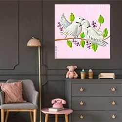 «Два белых голубка на ветке с ягодами» в интерьере детской комнаты для девочки в серых тонах