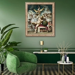 «Человеческая мечта» в интерьере гостиной в зеленых тонах