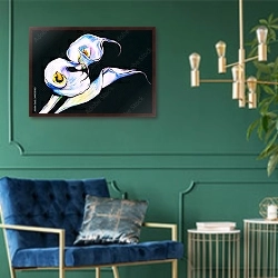 «Белые каллы, акварель» в интерьере в классическом стиле с зеленой стеной