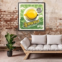 «Лимоны, ретро плакат» в интерьере гостиной в стиле лофт над диваном
