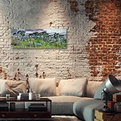 «Динозавровые деревья, Новая Зеландия» в интерьере гостиной в стиле лофт с кирпичными стенами