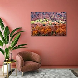 «Carpathian forest in autumn» в интерьере современной гостиной в розовых тонах