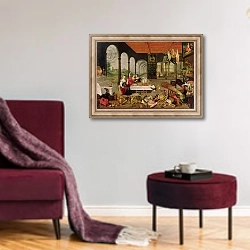 «Allegory of Taste» в интерьере гостиной в бордовых тонах