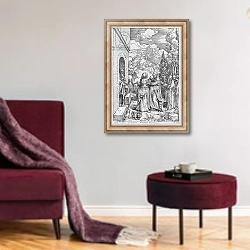 «The Visitation, from the 'Life of the Virgin' series, c.1503» в интерьере гостиной в бордовых тонах