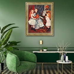 «Портрет дочерей Катюля Мандеса у фортепиано» в интерьере гостиной в зеленых тонах