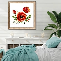 «Цветочная композиция из красных маков» в интерьере спальни в стиле прованс с голубыми деталями