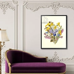 «Snowdrop, Narcissus Cyclamineus, Iris Reticulata and Grape Hyacinth» в интерьере прихожей в зеленых тонах над комодом