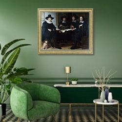 «Групповой портрет» в интерьере гостиной в зеленых тонах