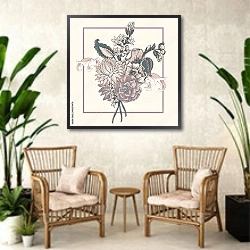 «Букет старинных цветов с завитками» в интерьере комнаты в стиле ретро с плетеными креслами