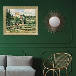 «Moulin de la Couleuvre at Pontoise, 1881 2» в интерьере классической гостиной с зеленой стеной над диваном