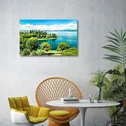 «Италия. Озеро Гарда.Пунта Сан Виджилио» в интерьере современной гостиной с желтым креслом