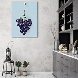 «Гроздь синего винограда на голубом фоне» в интерьере современной кухни в серых тонах