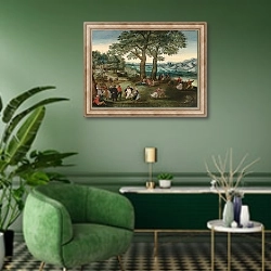 «Пляски в деревне» в интерьере гостиной в зеленых тонах