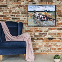 «Автомобили в искусстве 72» в интерьере в стиле лофт с кирпичной стеной и синим креслом
