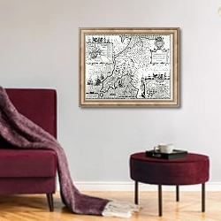 «Map of Caernarvon, 1616» в интерьере гостиной в бордовых тонах