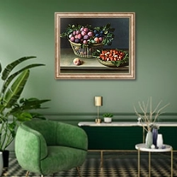 «Basket of Plums and Basket of Strawberries, 1632» в интерьере гостиной в зеленых тонах