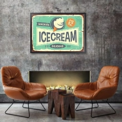 «Мороженое, рекламный ретро плакат » в интерьере в стиле лофт с бетонной стеной над камином