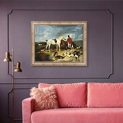 «Hunters and Hounds, 1823» в интерьере гостиной с розовым диваном