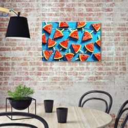«Ломтики арбуза на синем деревянном фоне» в интерьере современной кухни с кирпичной стеной