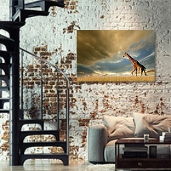 «Жираф в поле» в интерьере двухярусной гостиной в стиле лофт с кирпичной стеной