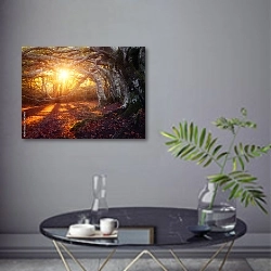 «Осенний лес со старыми деревьями в лучах солнца» в интерьере современной гостиной в серых тонах
