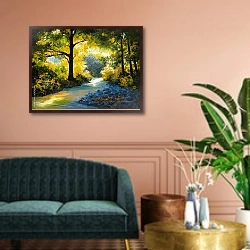 «Ручей в зеленом летнем лесу» в интерьере классической гостиной над диваном