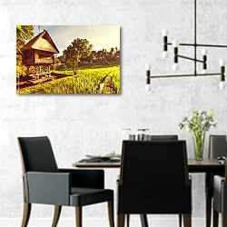 «Домик на рисовых полях Индонезии» в интерьере современной столовой с черными креслами