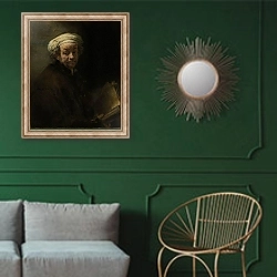 «Self portrait as the Apostle Paul, 1661» в интерьере классической гостиной с зеленой стеной над диваном