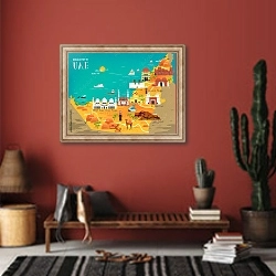 «Туристическая карта ОАЭ» в интерьере прихожей в этническом стиле с красной стеной