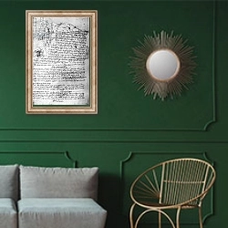 «Fol.145v-b, page from Da Vinci's notebook» в интерьере классической гостиной с зеленой стеной над диваном