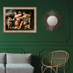 «Бахус, Трезвость и Купидон» в интерьере классической гостиной с зеленой стеной над диваном