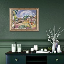 «Landscape with Figures and Carriage, 1915» в интерьере прихожей в зеленых тонах над комодом