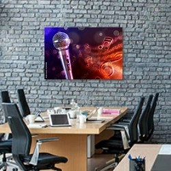 «Микрофон и ноты» в интерьере современного офиса с черной кирпичной стеной