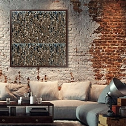 «Margin II,2019,» в интерьере гостиной в стиле лофт с кирпичной стеной