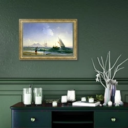 «Возвращение моряка 2» в интерьере прихожей в зеленых тонах над комодом