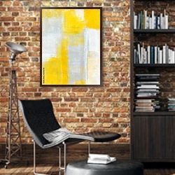 «Белые и желтые прямоугольники» в интерьере кабинета в стиле лофт с кирпичными стенами