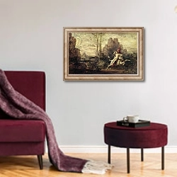 «The Rape of Europa, c.1869» в интерьере гостиной в бордовых тонах