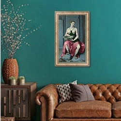 «Девственница Туччия» в интерьере гостиной с зеленой стеной над диваном