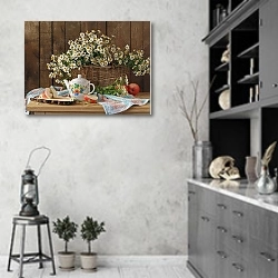 «Натюрморт с букетом ромашек и яблоками» в интерьере современной кухни в серых тонах