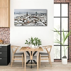 «Латвия. Рига. Вид на старый город с башни Петра  » в интерьере кухни с кирпичными стенами над столом