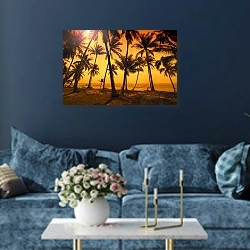 «Тропический рай: закат на море» в интерьере современной гостиной в синем цвете